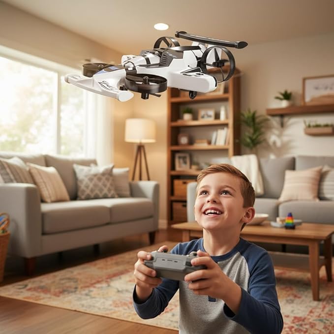 Racing car and drone combination remote-controlled flying car foam material. Features include one-key takeoff stable hovering racing mode and 360° aerial flips. An ideal and fun birthday gift.