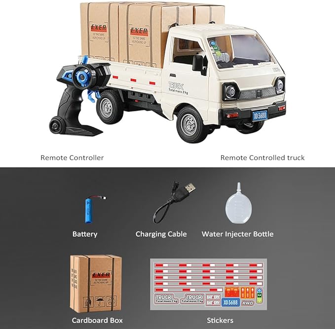 GoolRC Remote Control Car Kei Truck 1:16 Scale RC Transport Pickup Truck with Spray and Light 2.4GHz All Terrain RC Cars for Teens and Adults Christmas or Birthday Gift (White)