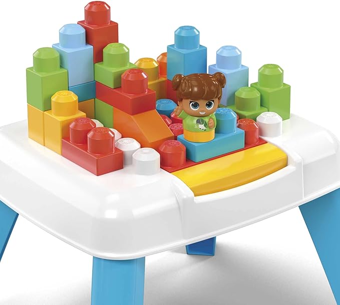 Mega Bloks Fisher-Price Toddler Blocks Toy Set Build ‘n Tumble Activity Table with 25 Pieces and Storage 1 Figure Blue Ages 1+ Years