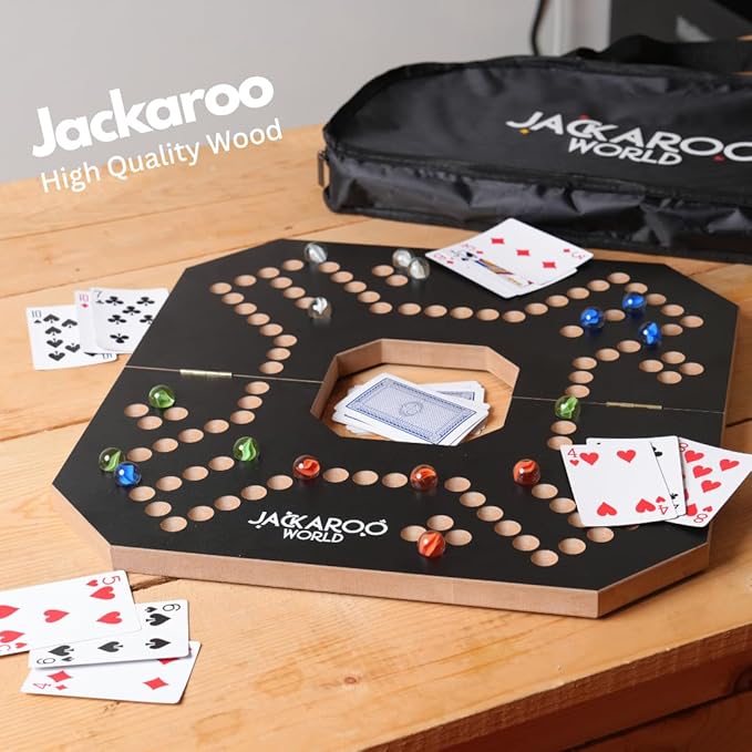 Jackaroo Board Game 2-4 Player Cards and Marbles Board Game Solid Wooden Game with 16 Glass Marbles and 52 Cards Marble Strategy Game Jokers and Marbles Game Foldable Board with Carry Bag (Black)