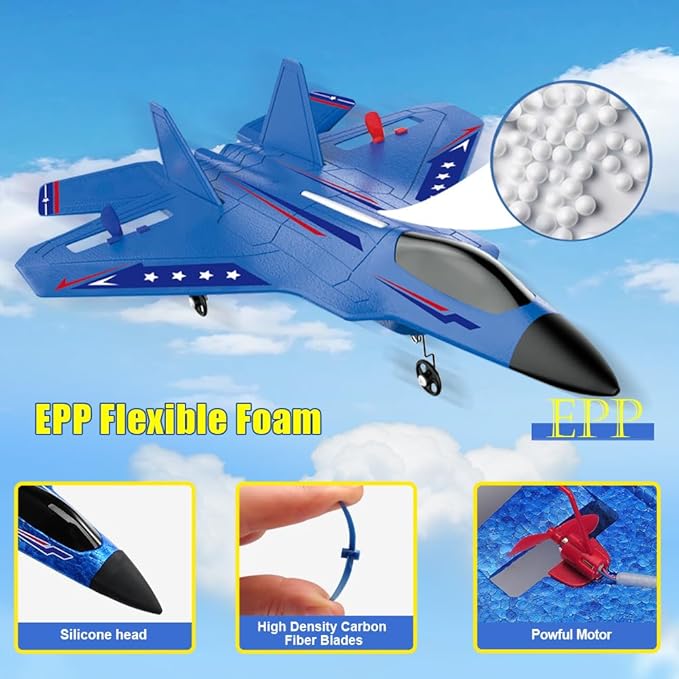Fremego RC Airplane F22 Fighter Jet for Kids &amp Adults 2.4GHz Remote Control with Gyro Stabilization LED Lights Crash Resistant EPP Foam Perfect Beginner Gift(Blue)