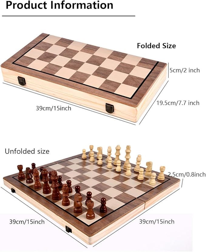 15 Wooden Chess Set | Folding Board 2 Extra Queens | Magnetic Chess Board Set for Adults &amp Kids Pieces Storage Slots Checkers Game for Kids Portable Travel Chess Game for Beginner