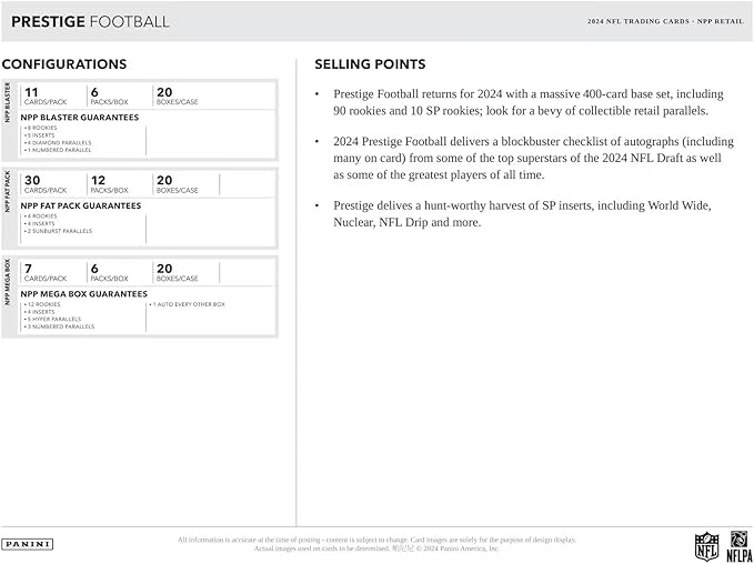 2024 Panini Prestige Football 24-Pack Trading Card Retail Box (24 Packs Per Box 10 Cards Per Pack)