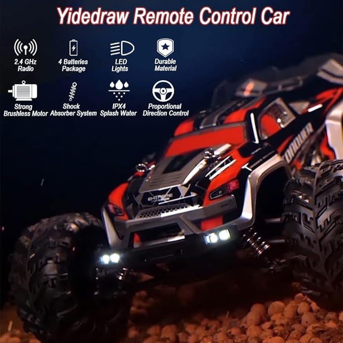 idedraw RC Cars 1:16 Scale Remote Control Car 50 KMH High Speed Fast 4WD RC Truck for Kids Adults Boys 2.4 GHz All Terrains RC Buggy Off-Road Drift RC Monster Trucks with 2 Batteries (Red)