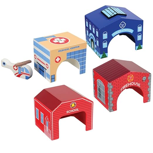 Constructive Playthings Community Wooden Toys and Helicopter Set for Ages 3+ 5-Piece Toddler Imaginative Play Set with Firehouse School Hospital Police Station