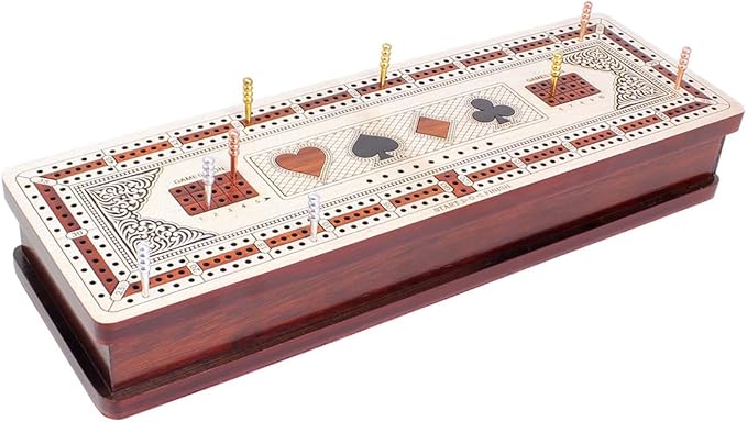 House of Cribbage - 3 Track Continuous Cribbage Board in Maple and Bloodwood - Inlaid Card Symbols (Suits) + Storage Drawer for Cribbage Pegs &amp Cards