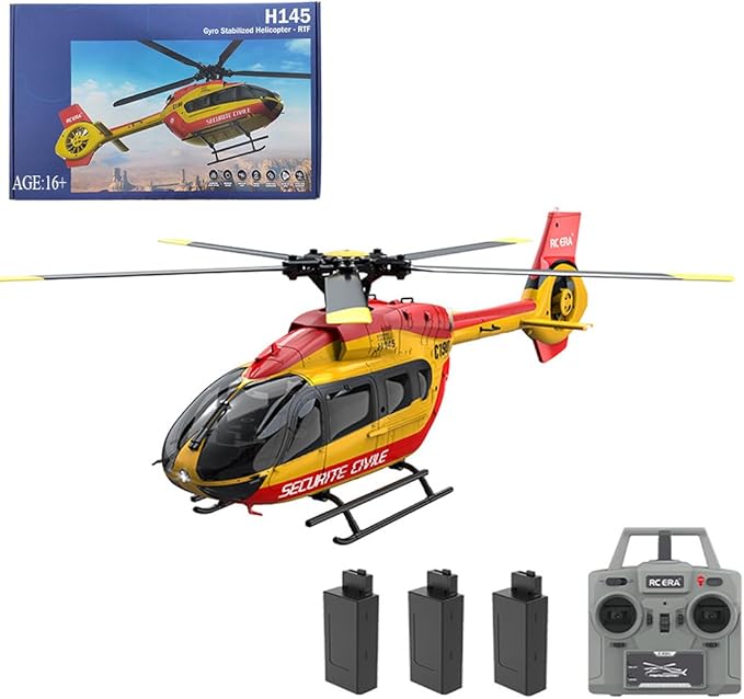 C190 Remote Control Helicopter for Adults 1:30 Scale H145 RC Helicopter 2.4G 6CH Single Propeller Aileron Free Optical Flow Positioning Six-axis Gyroscope Stabilization (Red Yellow(3 Batteries))