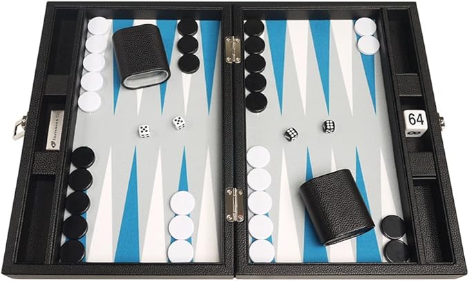 13-inch Premium Backgammon Set - Travel Size - Black Board White and Astral Blue Points