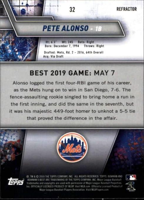 2019 Bowman's Best Refractors #32 Pete Alonso New York Mets MLB Baseball Trading Card