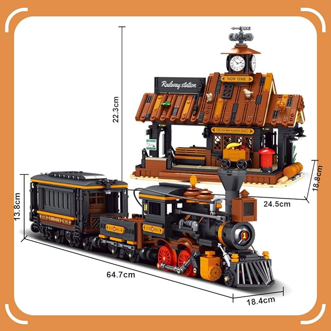 39117 Cowboy City Train Station Building Blocks with LED Lights 2640 PCS Western Railway Station &amp Steam Train Model Kit for Adults Wild West Architecture