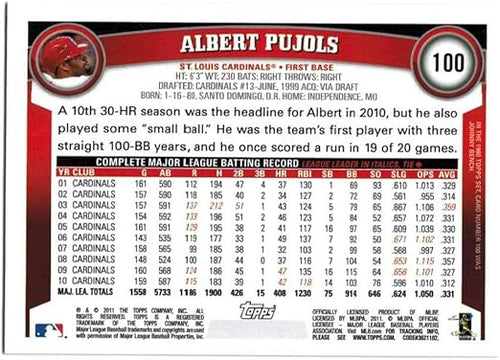 2011 Topps #100a Albert Pujols St. Louis Cardinals MLB Baseball Card NM-MT