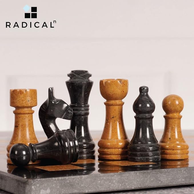 Radicaln Marble Chess Set 12 Inches Black and Golden Handmade Chess Board Adult Games - Portable Tournament Chess Set - 1 Chess Board &amp 32 Pieces - Travel Board Games