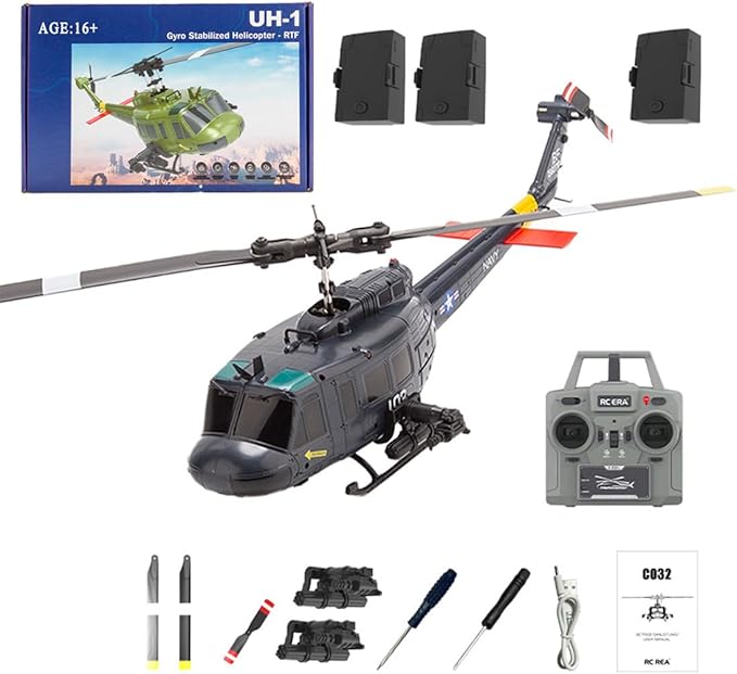 C032 UH-1 Huey RC Helicopter for Adults - 1/48 Scale 2.4G 6CH Flybarless Remote Control Helicopter Model 3D Stunt Flight &amp High-Precision RC Airplane (Dark Blue(3 Batteries))