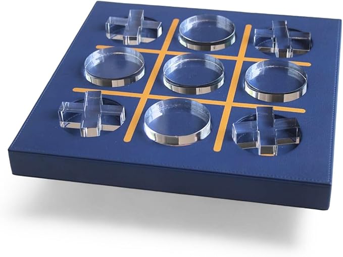 Modern Tic Tac Toe for Home Decoration with Blue Leather and Acrylic Pieces Decorative Table Top Housewarming Gift
