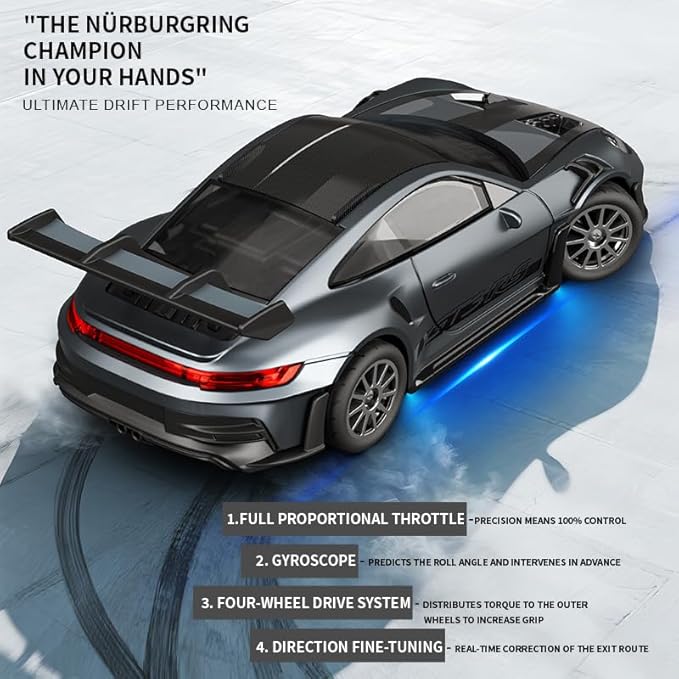 1:43 RC Drift Car D43-02 - 2.4G Full Proportional 4WD Alloy 20KM/H High Speed RC Racing Car with Gyro Silent Bearings Adjustable Speed &amp Lighting(Q9/Dark Gray/D43-02)