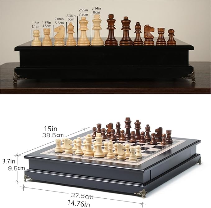 15 Wooden Chess Set Large Size Board Built-in Storage Drawer - 2 Extra Queens - Wooden Chess Pieces - Gift wrap Adult and Children's Board Games