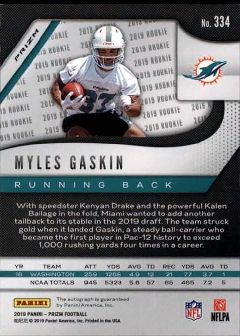 2019 Panini Prizm Neon Green Rookie Autograph #334 Myles Gaskin RC AUTO Miami Dolphins NFL Football Trading Card
