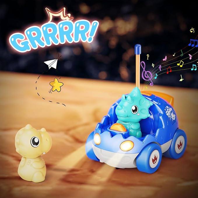2 Pack Dinosaur Remote Control Cars Toys for Kids 2 3 4 5 Years Old Easter Present Birthday Gifts for Boys and Girls Ages 2-5 Dino Race Car Toddlers Toys with Music and Light(Red Blue)