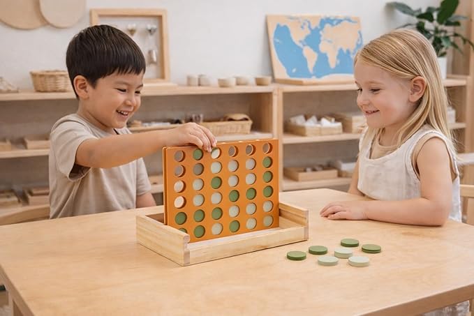 Neutral Wooden Four in a Row Game Aesthetic Two Player Montessori Travel Board Game for Kids and Adults Perfect Coffee Table Decor and Housewarming Gift