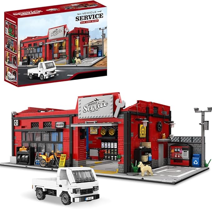 39148 American-Style Parking Repair Shop Building Block Set with Lighting 2819 Pieces Shop Building Model Building Block Sets Adult Creative Enthusiast Model Gifts and Unique Collectibles