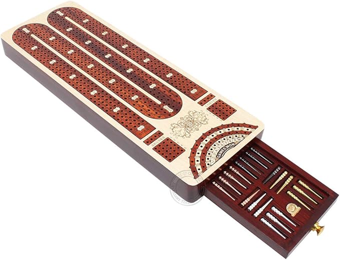House of Cribbage - 4 Track Continuous Cribbage Board Inlaid in Bloodwood - Size: 13.5 Inches - Storage Drawer for Cribbage Pegs and Score Marking Fields for Skunks Corners and Won Games