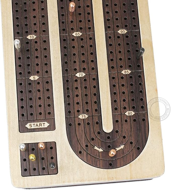 House of Cribbage - Continuous Cribbage Board Inlaid in Maple Wood/Rosewood - 4 Track - Separate Storage Space for Two Deck of Cards &amp Pegs