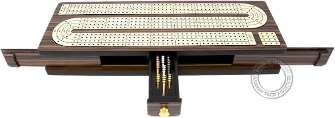 House of Cribbage - Continuous Cribbage Board Inlaid 4 Tracks Rosewood/Maple with Sliding Lids and Drawer