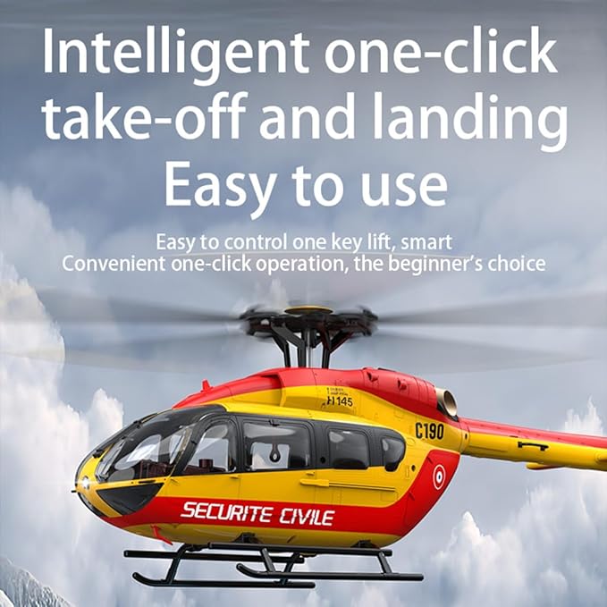 C190 Remote Control Helicopter for Adults 1:30 Scale H145 RC Helicopter 2.4G 6CH Single Propeller Aileron Free Optical Flow Positioning Six-axis Gyroscope Stabilization (Red Yellow(3 Batteries))