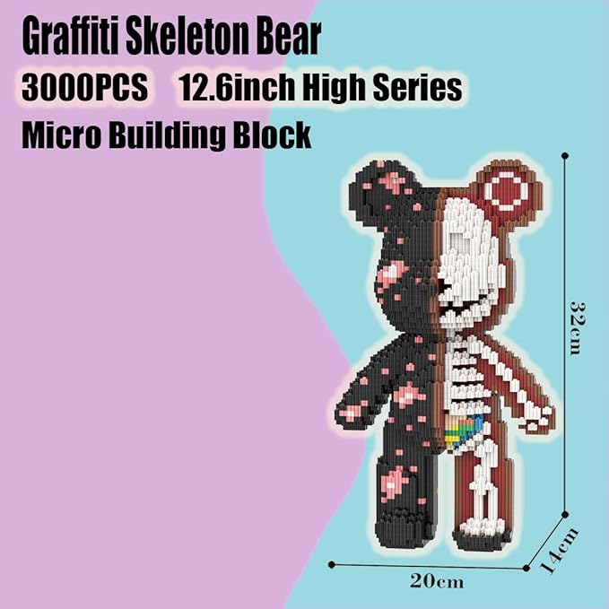 PIANTION Animal Graffiti Skeleton Bear Micro Building Blocks Set(3000PCS XQ034) 12.6in High SeriesGifts Suitable for Adults