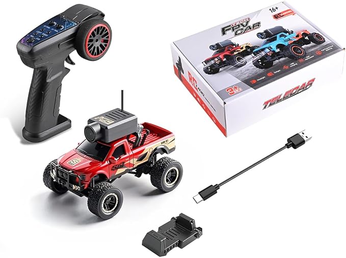 RC Truck with HD Camera WL 1/64 Scale FPV Mini APP Auto-Pairing Full-Proportional Remote Control Car Gyro Stabilized Micro RC Car for Adult Youth (RTR/Red)