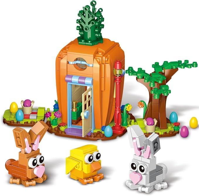 Easter Bunny Carrot House Building Set 2 Rabbits Chick Colorful Easter Egg and Basket Toy Building Blocks Kit Ornaments Gift for Boys Girls Adults