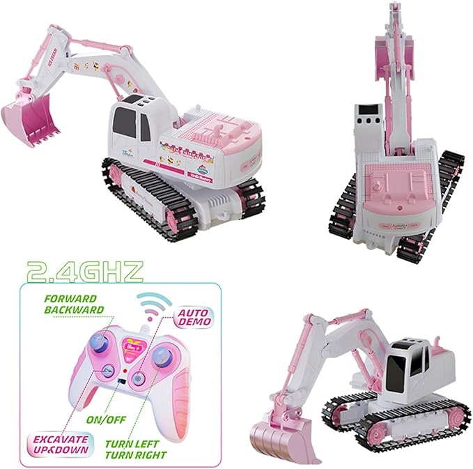 Pink RC Excavator 6 Channel 2.4Ghz RC Construction Vehicle1:24 Scale Pink Excavator Toy with 360° Rotation Light Sound and DIY Stickers Birthday Gift for Teens Adults (2 Battery)