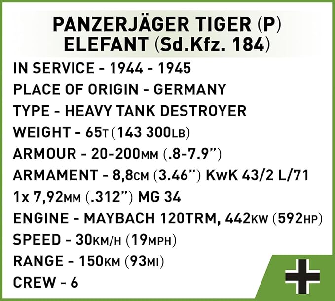 COBI Historical Collection WWII Panzerjager Tiger (P) Elefant Tank Building Set 1252 Pieces