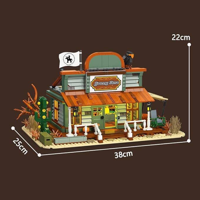 39076 Western Grocery Store Building Block Set Equipped with LED Lights 1827 Pieces Shop Building Model Building Block Kit Adult Creative Enthusiast Model Gifts and Unique Collectibles