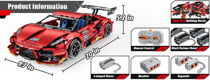 Remote Control Super Car Building Kits 1835PCS Technique Plated Race Car Building Set for Adults Men Teens - with 5 Fast Motors Electric Height Adjustment &amp Drift Spin Wheels