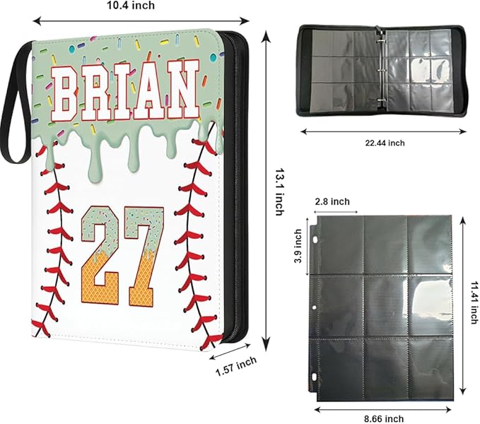 Personalized Ice Cream Drip Baseball Card Binder with Name &amp Number – Zipper Trading Card Album with Handle – Collector Case for Players &amp Fans (Ice Cream Drip Art #4)