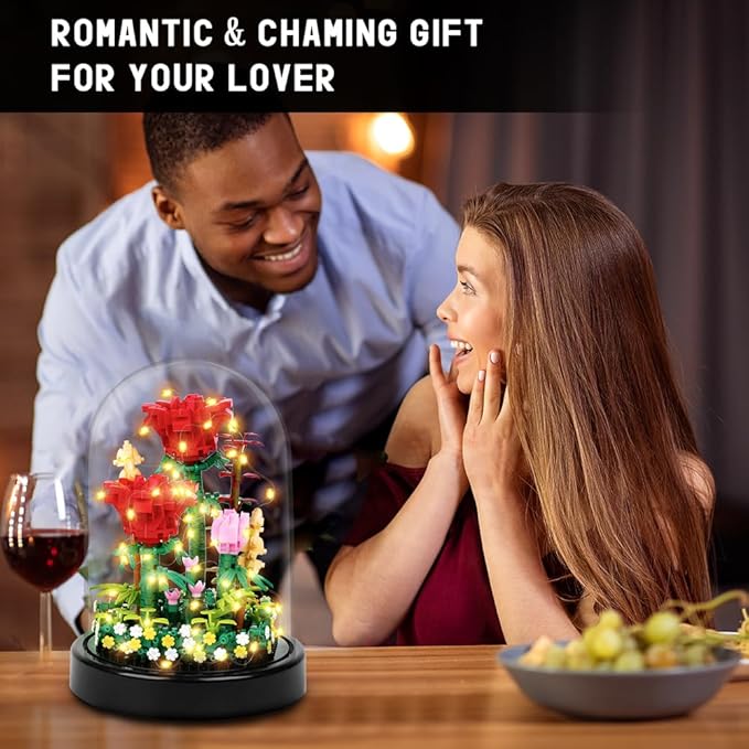 HOGOKIDS Flower Bouquet Building Set with LED Lighting - 596 PCS Red Rose Kits with Cover Botanical Building Blocks | Birthday Mini Bricks Easter Gifts for Kids Girls Teens Adults Home Decor Display