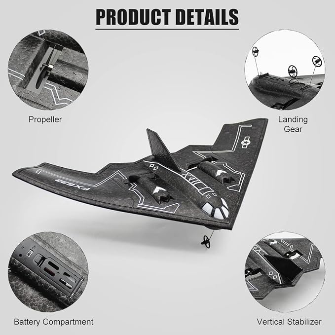 fisca RC Airplane Remote Control B-2 Spirit Stealth Bomber Plane 2.4Ghz 2CH Foam Drone Ready to Fly Aircraft Toy for Kids and Adults