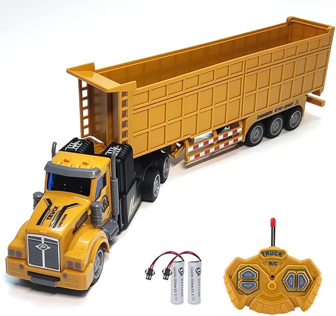RC Dump Truck with Trailer - 14 1:48 Mini Semi Truck Toy with 2 Rechargeable Batteries Remote Control Car Construction Vehicles with Lights Engineering Tractor Toy for 3 4 5 Years Kids Boys Girls