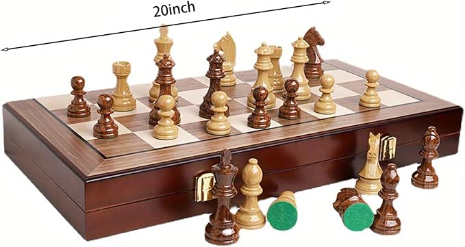 20 Extra Large Folding Chess Set - Walnut Wood Board &amp Weighted PVC Pieces - Portable Tournament Game for Adults Travel Gifts (Perfect for Beginners &amp Adults)