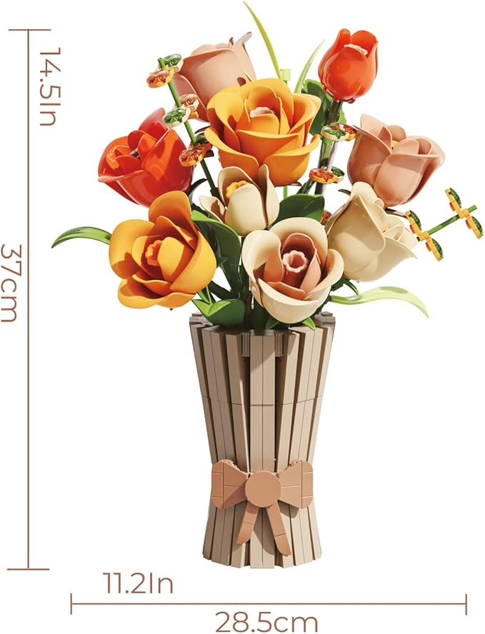 Bagari Roses Bouquet Building Set - Artificial Flowers Building Blocks with Vase Compatible with Lego Kit for Adults - Collection for Home Office Decor Gifts for Women Men Birthday Anniversary 868PCS