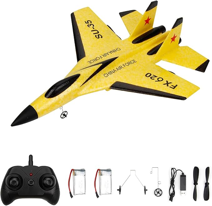 GoolRC FX620 RC Airplane 2.4GHz Remote Control Airplane 2 Channel RC Plane SU-35 RC Glider EPP Aircraft Model with 3-Axis Gyro Outdoor Flight Toys for Teens and Adults with 2 Battery (Yellow)