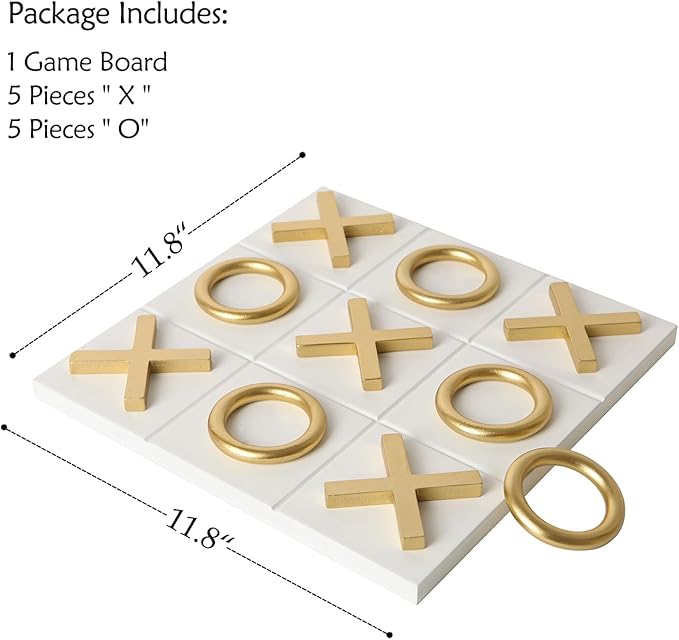 NIKKY HOME 12x12 Inch Tic Tac Toe Wood Game Board Classic Coffee Table Decor Modern Wooden Travel Game for Family White &amp Gold