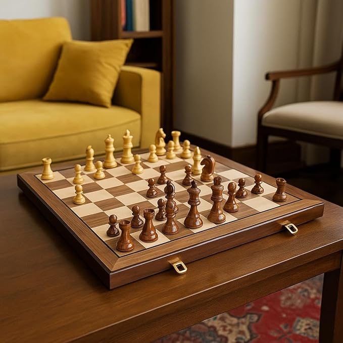 20 Extra Large Folding Chess Set - Walnut Wood Board &amp Weighted PVC Pieces - Portable Tournament Game for Adults Travel Gifts (Perfect for Beginners &amp Adults)