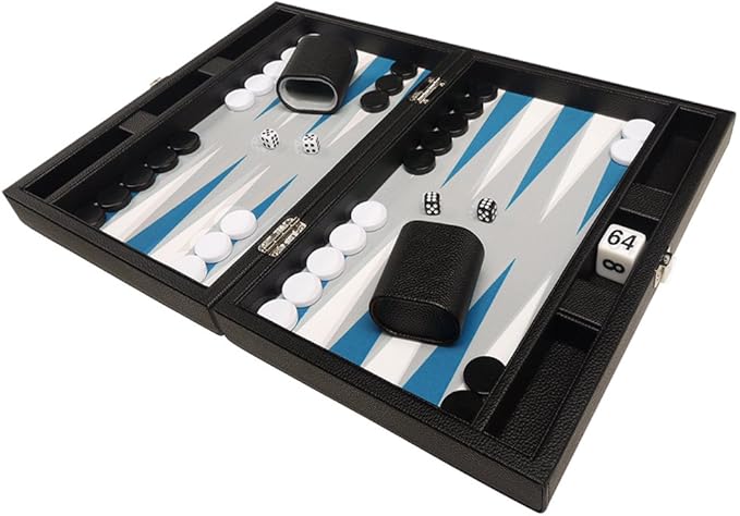 13-inch Premium Backgammon Set - Travel Size - Black Board White and Astral Blue Points
