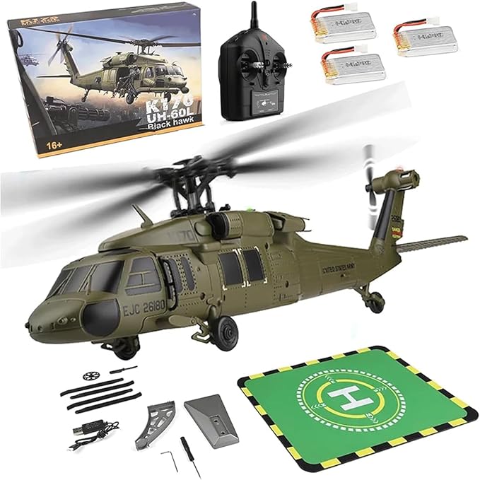 K170 UH60L Remote Controlled Helicopter for Adults RC Aircraft Plane 2.4Ghz 4CH RC Helicopter Heli Aileronless 6-Axis Gyroscope Altitude Hovering (3 Batteries)