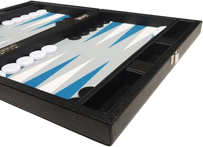 13-inch Premium Backgammon Set - Travel Size - Black Board White and Astral Blue Points