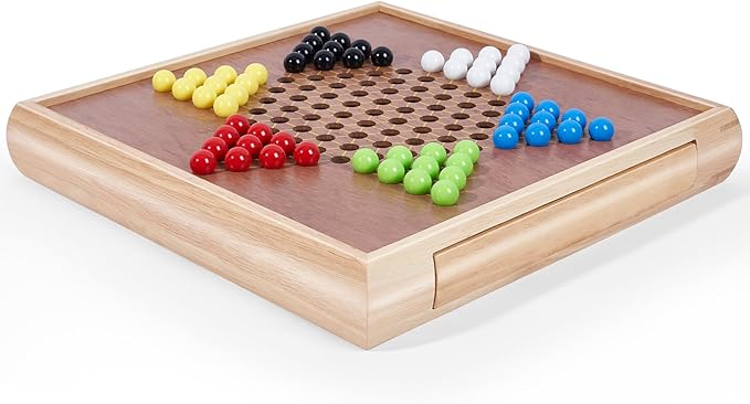 VAMSLOVE 13 Chess Chinese Checkers 2 in 1 Wooden Board Game Set with Pieces Storage Drawer - 2 Extra Queens Bonus Marbles for Birthday Gift (Instructions Included)