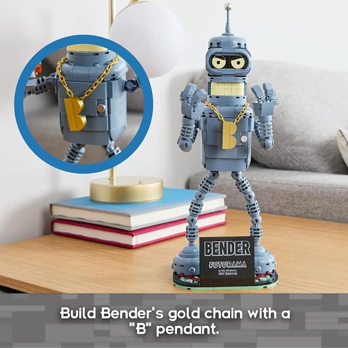 Brickcraft Futurama Bender Brick Building Kit | 396-Piece Posable Robot Figure with Gold Chain &amp Drinks | Sci-Fi Collectible Display Model Holiday for Adults Teens &amp Animated TV Fans