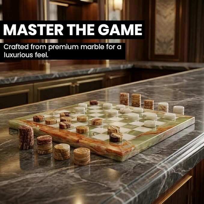 Marble Chess Checker Pieces Set with Free Storage Box Collection (White Green)